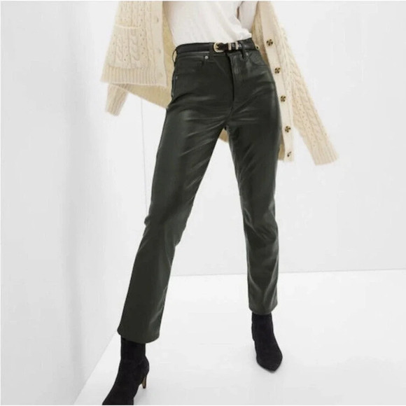 GAP Pants - Gap Vintage Slim High Rise Green Faux Leather Pants Women's Size 26 Short
